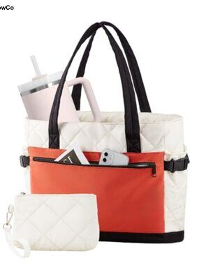 Quilted Puffer Tote Bag with Cup Holder Zipper Travel Work Teacher Bag
